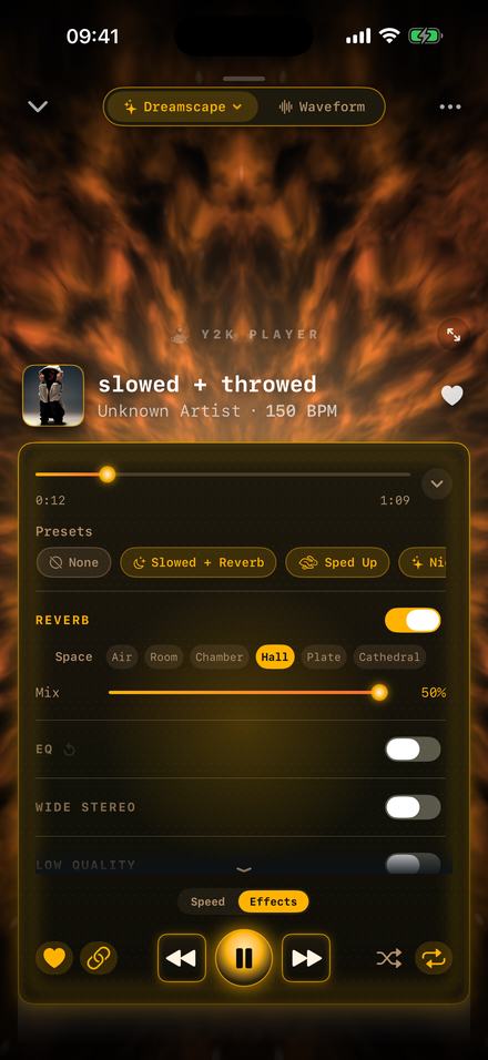 The effect rack in an amber theme with the Reverb group open above an EQ row carrying its own on/off toggle and a small reset button, and Wide Stereo and Low Quality below it. A chevron at the bottom of the panel shows the rack continues.