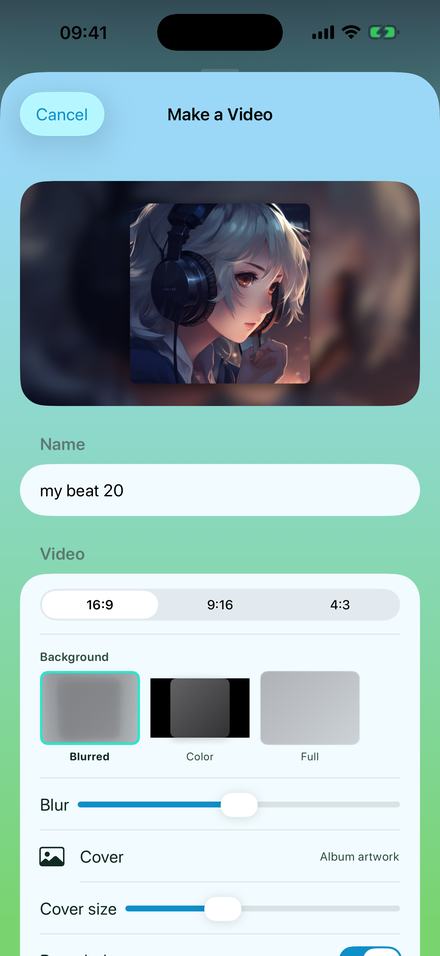 The Make a Video sheet in the Breeze theme: a preview frame at the top showing the cover centred on a blurred background, a Name field reading "my beat 20", a 16:9 / 9:16 / 4:3 segmented control with 16:9 selected, three background swatches labelled Blurred, Color and Full with Blurred outlined, and Blur and Cover size sliders.