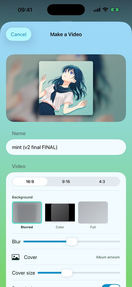 The Make a Video sheet in Y2K Player, in a sky-blue and mint theme: an illustrated square cover sits centred over a blurred, enlarged copy of the same picture, the Name field reads "mint (v2 final FINAL)", the aspect control shows 16:9 selected out of 16:9, 9:16 and 4:3, and the Background row offers Blurred, Color and Full with Blurred outlined, above Blur and Cover size sliders.