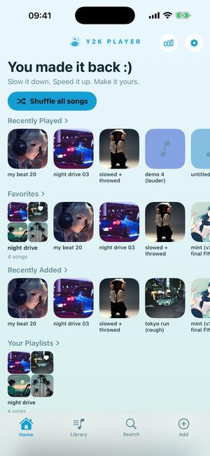 The home screen in the Aqua theme: pale ice blue fading into soft mint, flat white cards, a solid blue Shuffle all songs pill and no scenery behind the shelves.