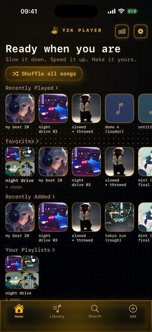 The home screen in the Diode theme: near-black under a faint scan line, amber monospaced type and an amber-outlined Shuffle all songs pill.