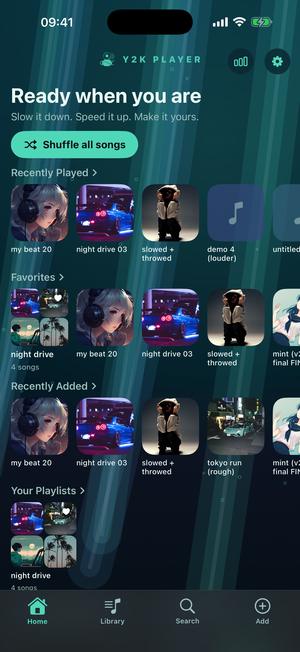 The home screen in the Fathom theme: dark teal falling to near black, pale shafts of light angling down the screen, and seafoam green labels above the shelves.