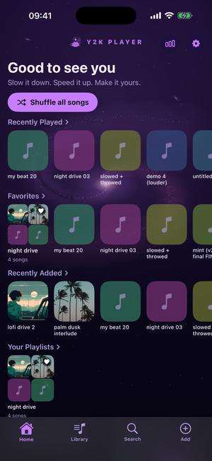 The same home screen in Galaxy: violet dusk with a slowly turning nebula behind the shelves and a lilac Shuffle all songs pill.