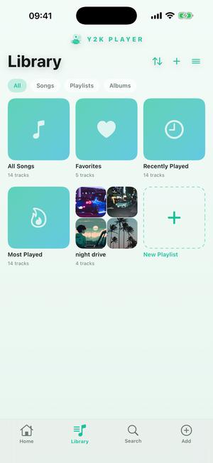 The library screen in Mint: a pale green-white field with shelf tiles for All Songs, Favorites, Recently Played and Most Played.