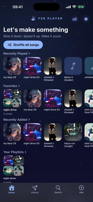 The same home screen in Stargaze: navy with a faint starfield, cool silver-blue controls and a pale blue Shuffle pill.