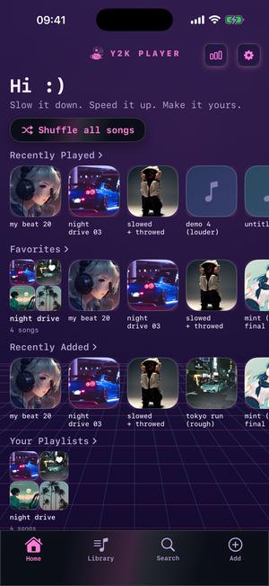 The Y2K Player home screen in Vaporwave: violet dusk, monospaced type, a black glass Shuffle all songs pill with a pink glyph, and a magenta grid horizon behind the playlist shelf.