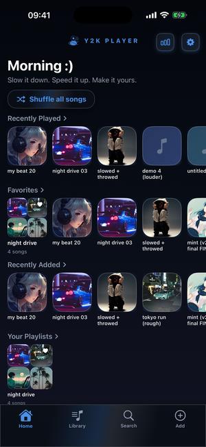 The home screen in the Wave theme: near-black panels with a blue diagonal ribbon of light crossing the Shuffle all songs pill and the rows behind it.
