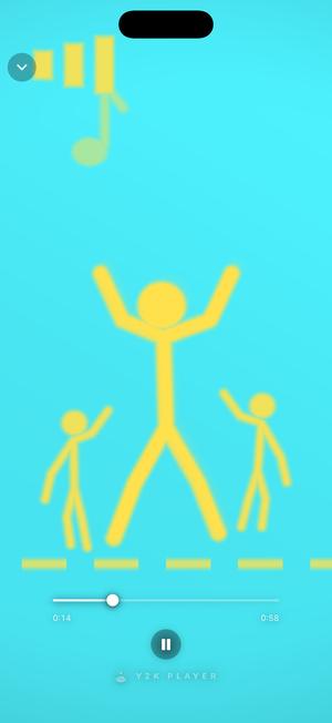 The Boogie visualizer: yellow stick figures dancing on a cyan field, stepping in time with the track.