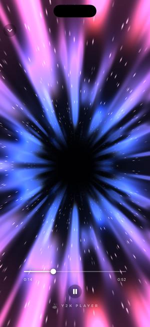 The Freefall visualizer filling the screen: white streaks rushing outward from a dark centre through blue and magenta light, with the track name and the tempo readout at the bottom edge.