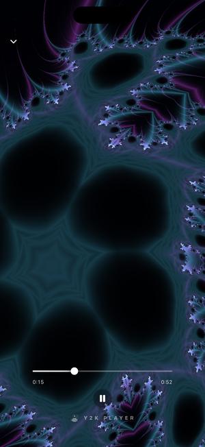 The Infinity visualizer: a dark teal fractal lattice, electric lace spiralling around a black core with silver sparkles caught in it.