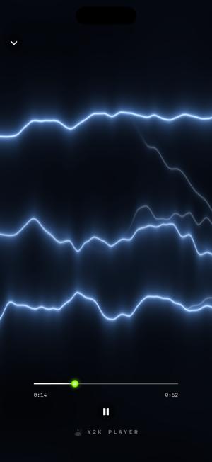 The Voltage visualizer: blue-white lightning traces drawn across black, snapping on the loud parts.