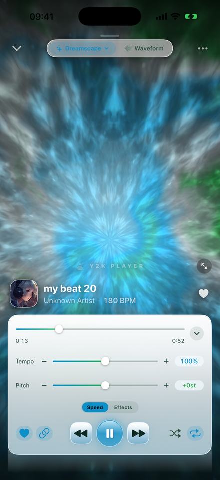 The same speed panel at rest: Tempo 100%, Pitch +0st, on a track called "my beat 20" at 180 BPM, with a Speed / Effects tab pair below the sliders.