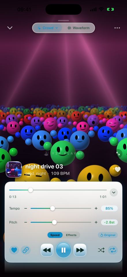 The same panel at Tempo 85% and Pitch -2.8st on a track called "night drive 03" by prod. night at 109 BPM.