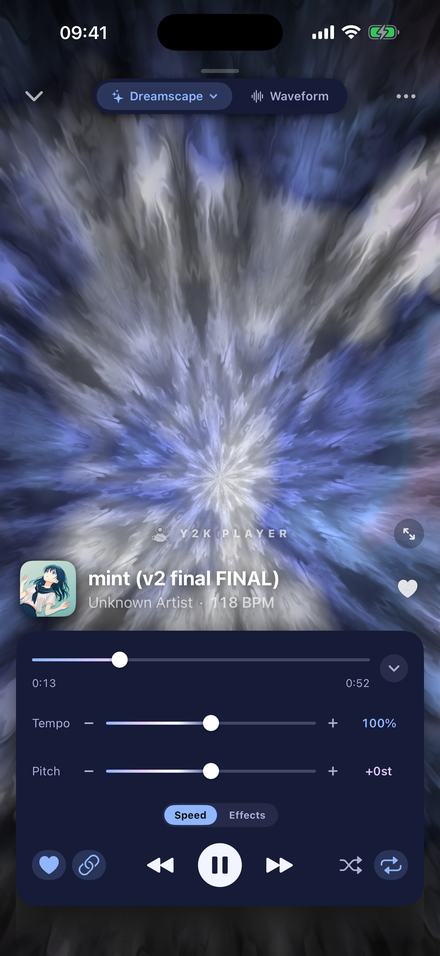 The Y2K Player playback screen in the Stargaze theme: a navy field with a faint starfield, cool silver-blue tempo and pitch sliders, and a matching playhead under the artwork.