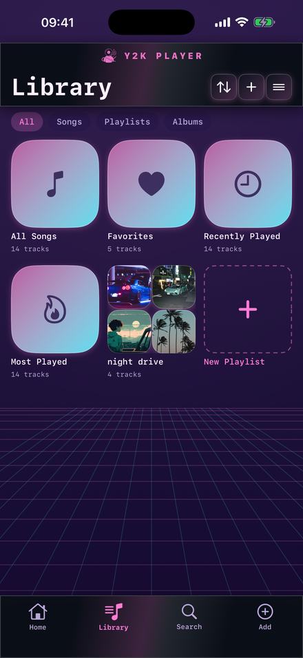 The library screen in the Vaporwave theme: purple dusk, a magenta grid floor, shelves for All Songs, Favorites, Recently Played and Most Played, and a hot-pink Shuffle pill.