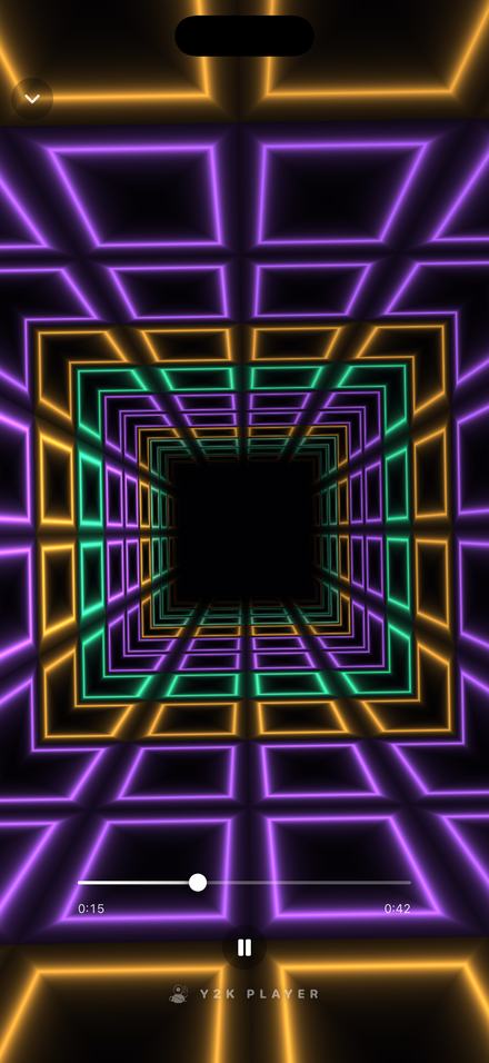 The Hyperdrive visualizer running full screen with every control gone: square neon frames in violet, amber and green receding to a black vanishing point, a chevron in the top-left corner, a scrubber reading 0:15 and 0:42, one pause button, and the Y2K Player mark along the bottom.