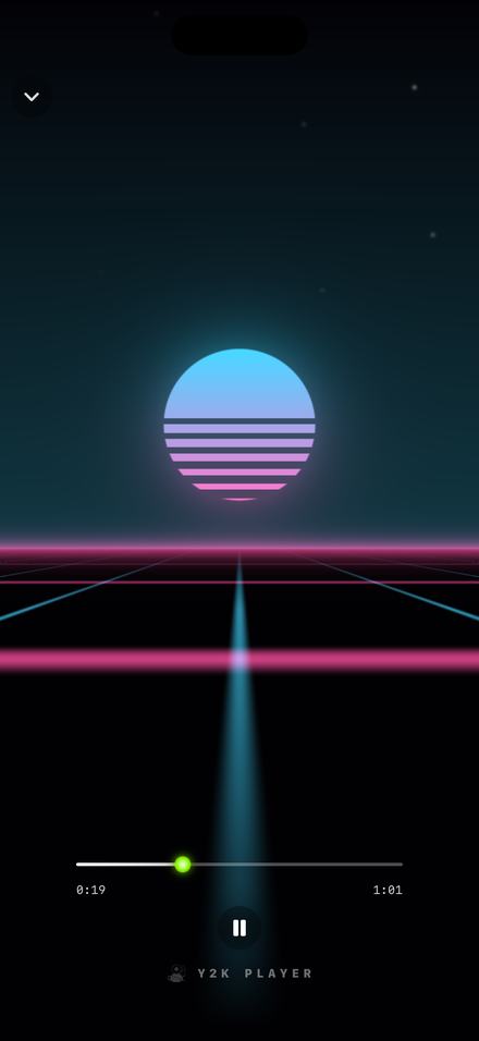 The Nightdrive visualizer running full screen on an iPhone with everything else hidden: a striped blue-and-pink sun sitting low over a magenta grid horizon with cyan lanes, one shaft of light running up the road, a small chevron in the top-left corner, and at the bottom a scrubber reading 0:19 and 1:01 above a pause button and the Y2K Player wordmark.
