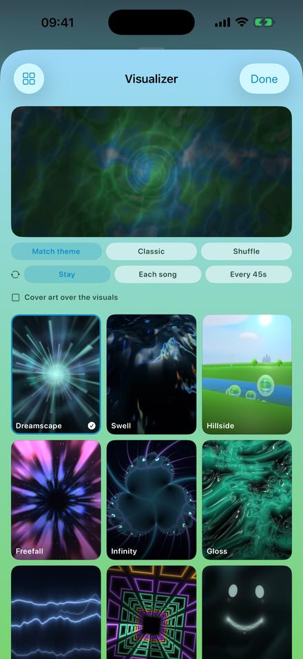 The visualizer picker open over a playing track: a scrolling grid of scene thumbnails with the current one outlined, and a Match theme switch above the grid.