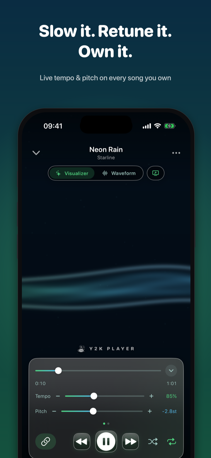 Y2K Player on iPhone playing a song with the Silk visualizer flowing behind live tempo and pitch sliders