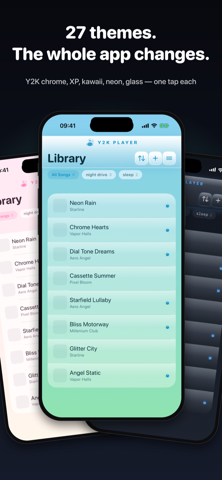 Three iPhones showing Y2K Player restyled by the Kawaii, Lagoon and Chrome themes