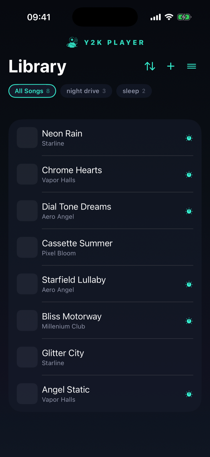 Y2K Player library in the dark Deep Space theme